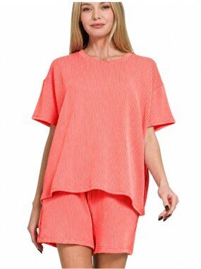 NEW ZENANA Bright Coral RAISED RIB SHORTSLEEVE TEE & SHORT PANTS SET LARGE